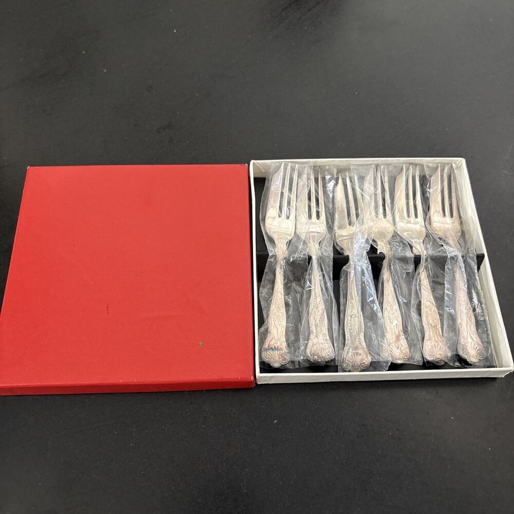 F.G. SHEFFIELD ENGLAND EPNS PASTRY Dessert Forks Silver plate Set OF 6 In box